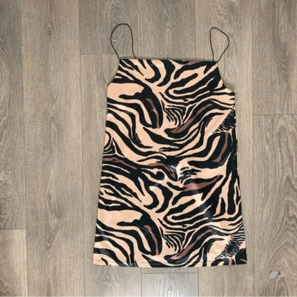 Zara Tiger Animal Print Cowl Neck Satin Slip Mini Dress Size Medium Brown Tan - Picture 2 of 16